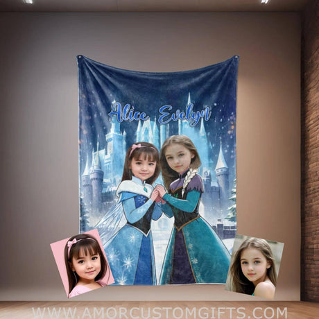 Personalized Fairy Tale Frozen Sisters Elsa Princess Blanket | Custom Name & Face Girl Princess Blanket