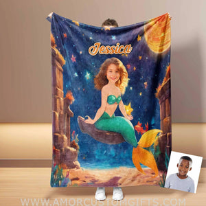 Personalized Fairy Tale Mermaid 4 Princess Photo Blanket | Custom Name & Face Girl Princess Blanket