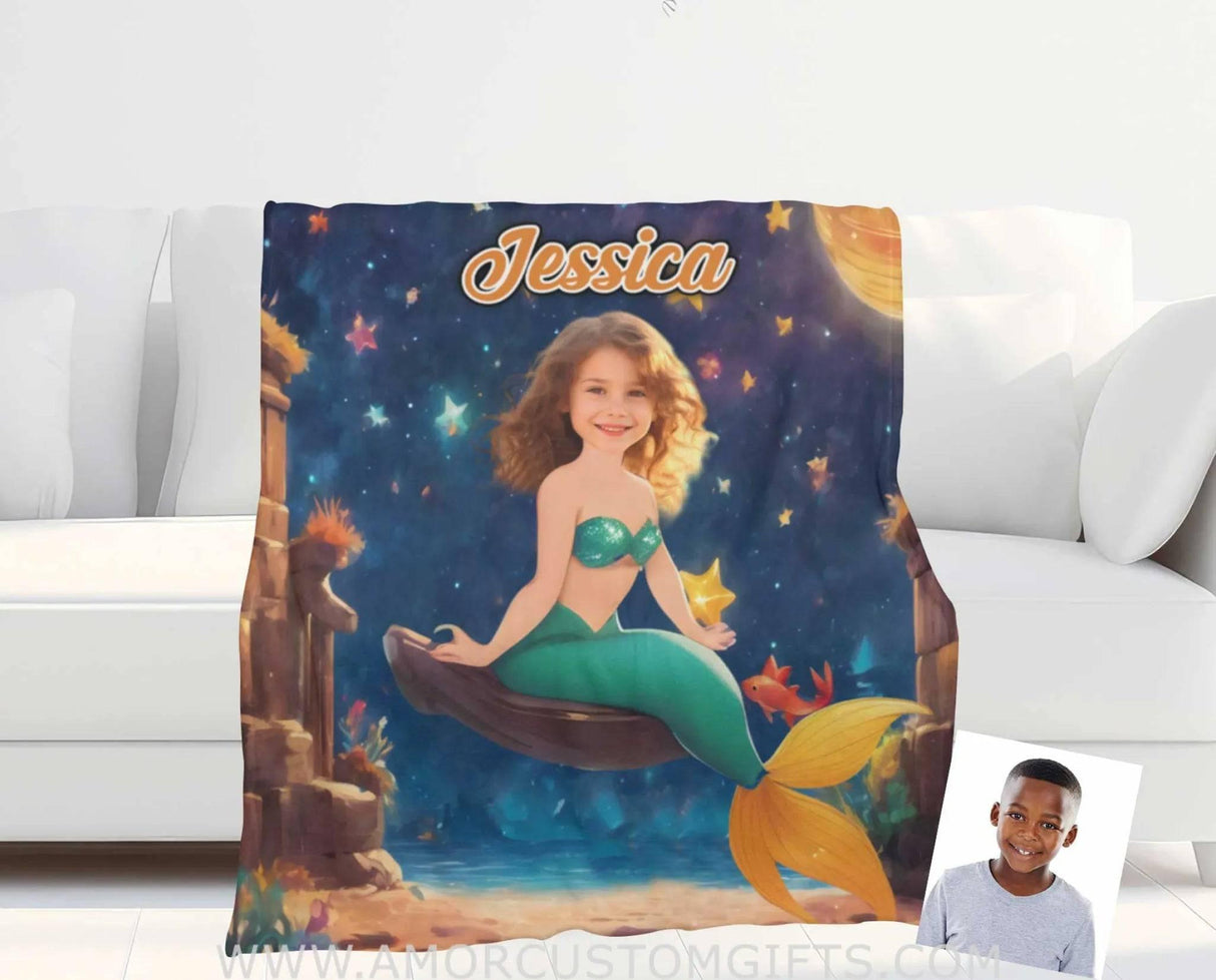 Personalized Fairy Tale Mermaid 4 Princess Photo Blanket | Custom Name & Face Girl Princess Blanket