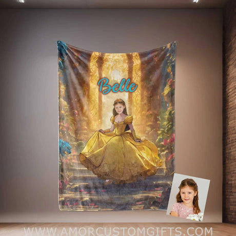 Personalized Fairy Tale Yellow Gown Belle Princess Blanket | Custom Name & Face Girl Princess Blanket