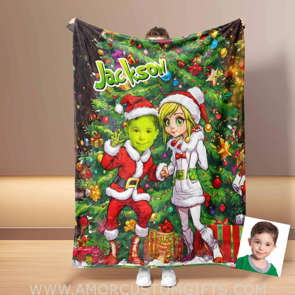 Personalized Grinchy Boy 2 Photo Blanket | Custom Blanket For Boys