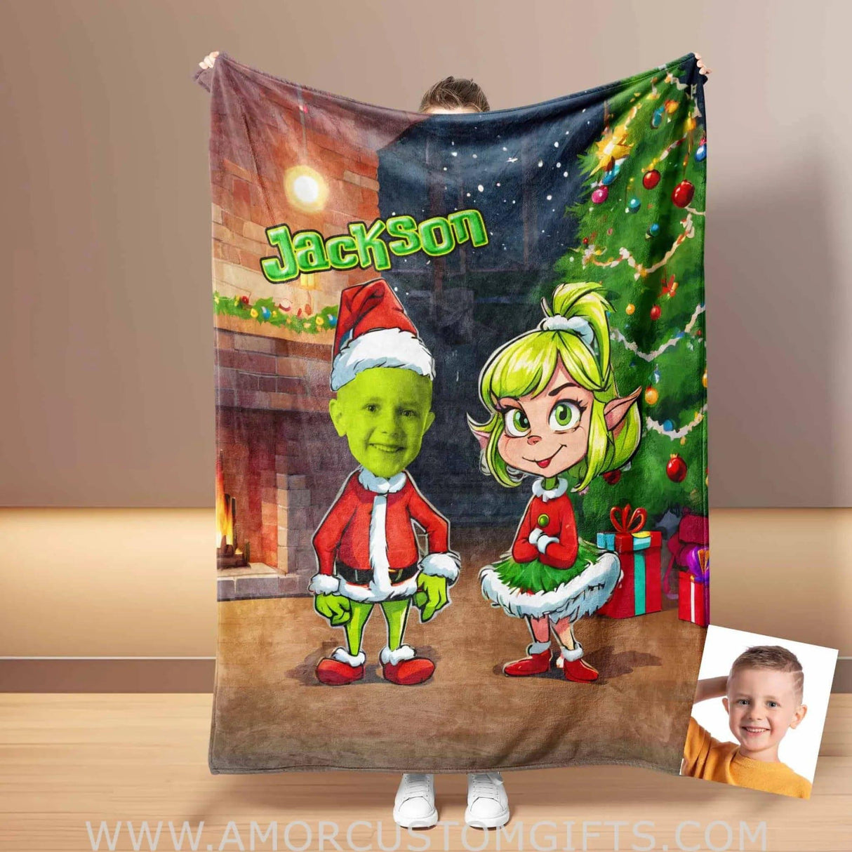 Personalized Grinchy Boy Photo Blanket | Custom Blanket For Boys