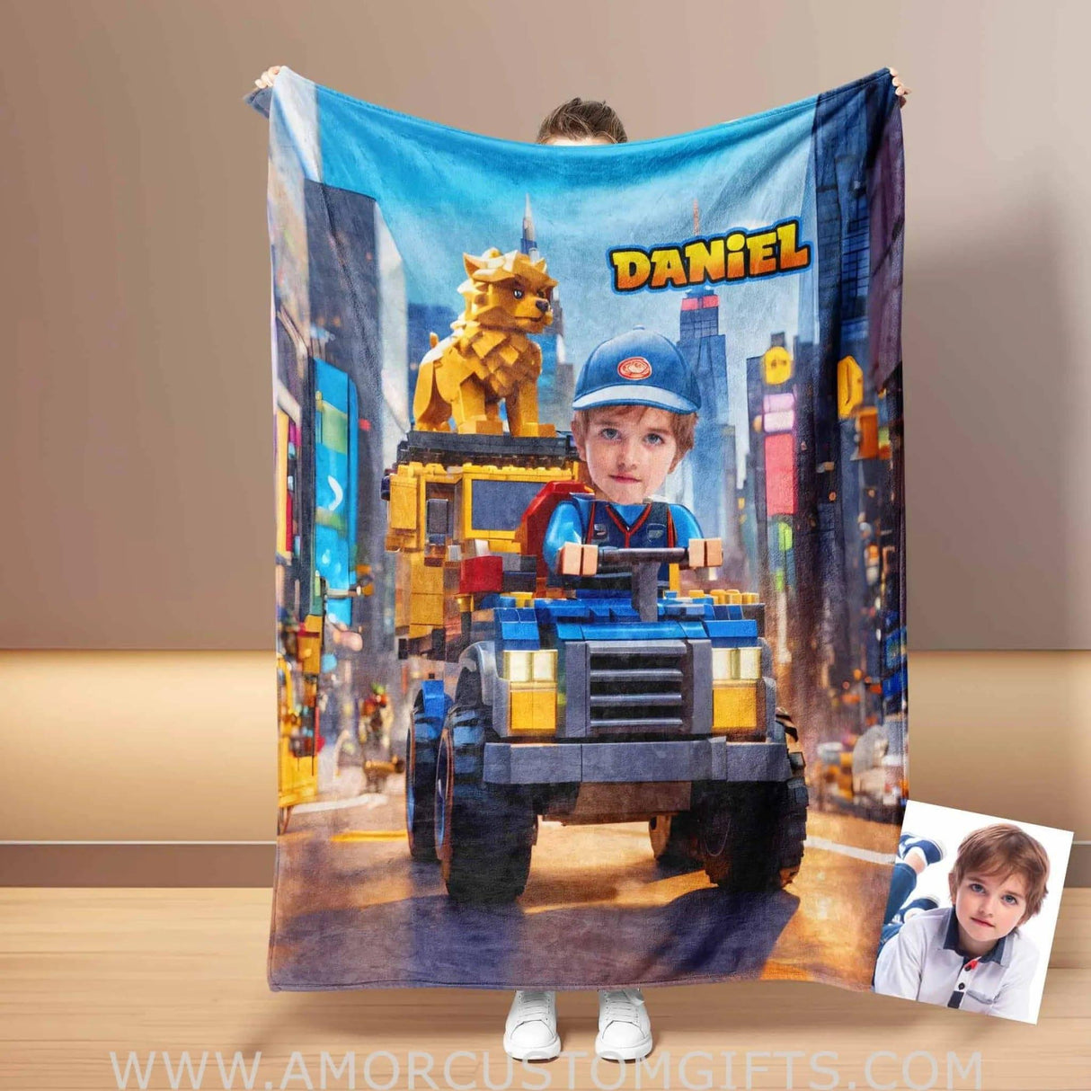 Personalized Interlocking Building Blocks Classic Vehicle 2 Photo Blanket | Custom Blanket For Boys