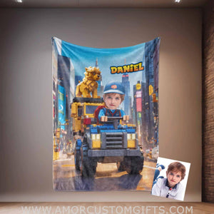 Personalized Interlocking Building Blocks Classic Vehicle 2 Photo Blanket | Custom Blanket For Boys