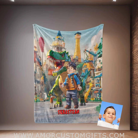 Personalized Interlocking Building Blocks Dino 2 Photo Blanket | Custom Blanket For Boys