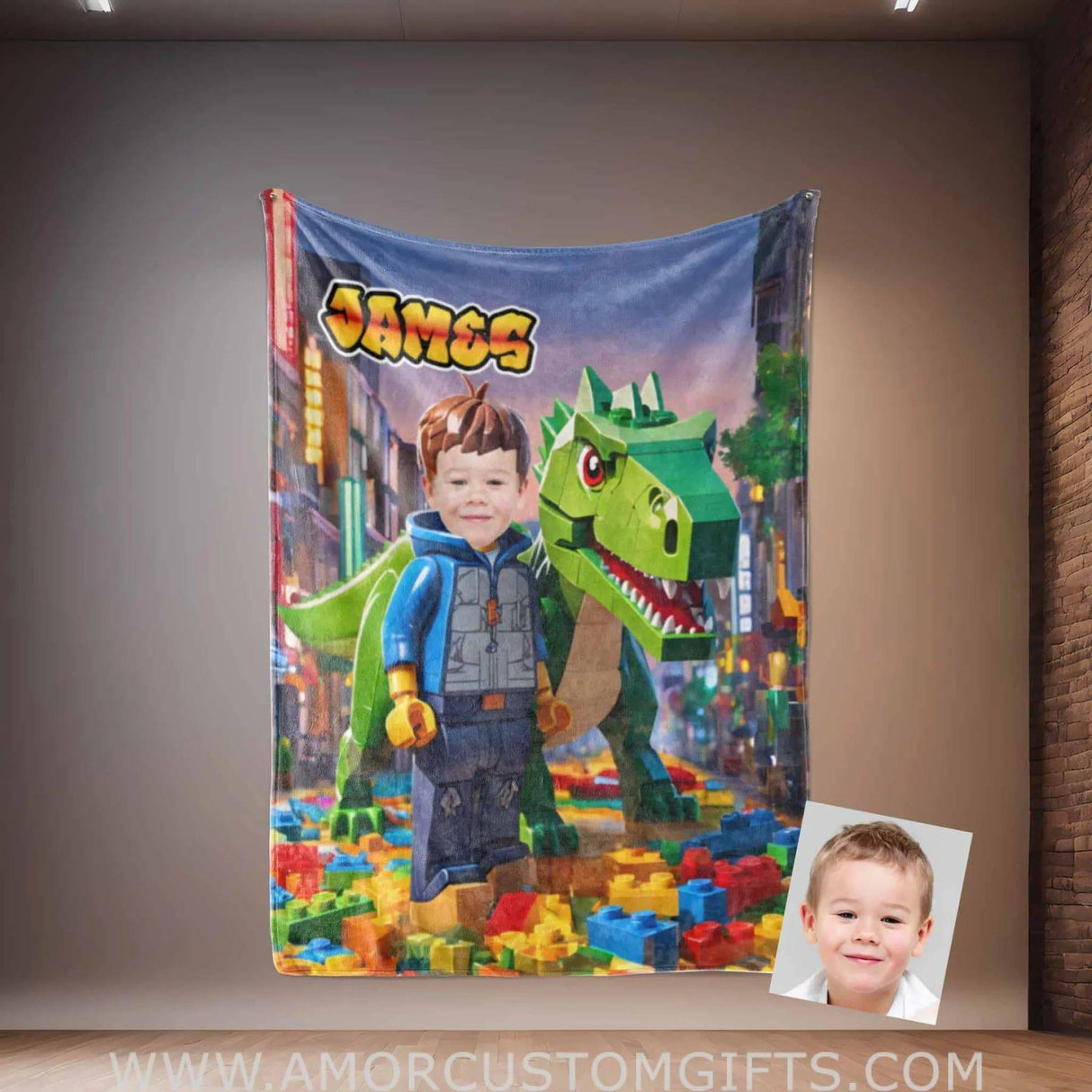 Personalized Interlocking Building Blocks Dino 3 Photo Blanket | Custom Blanket For Boys