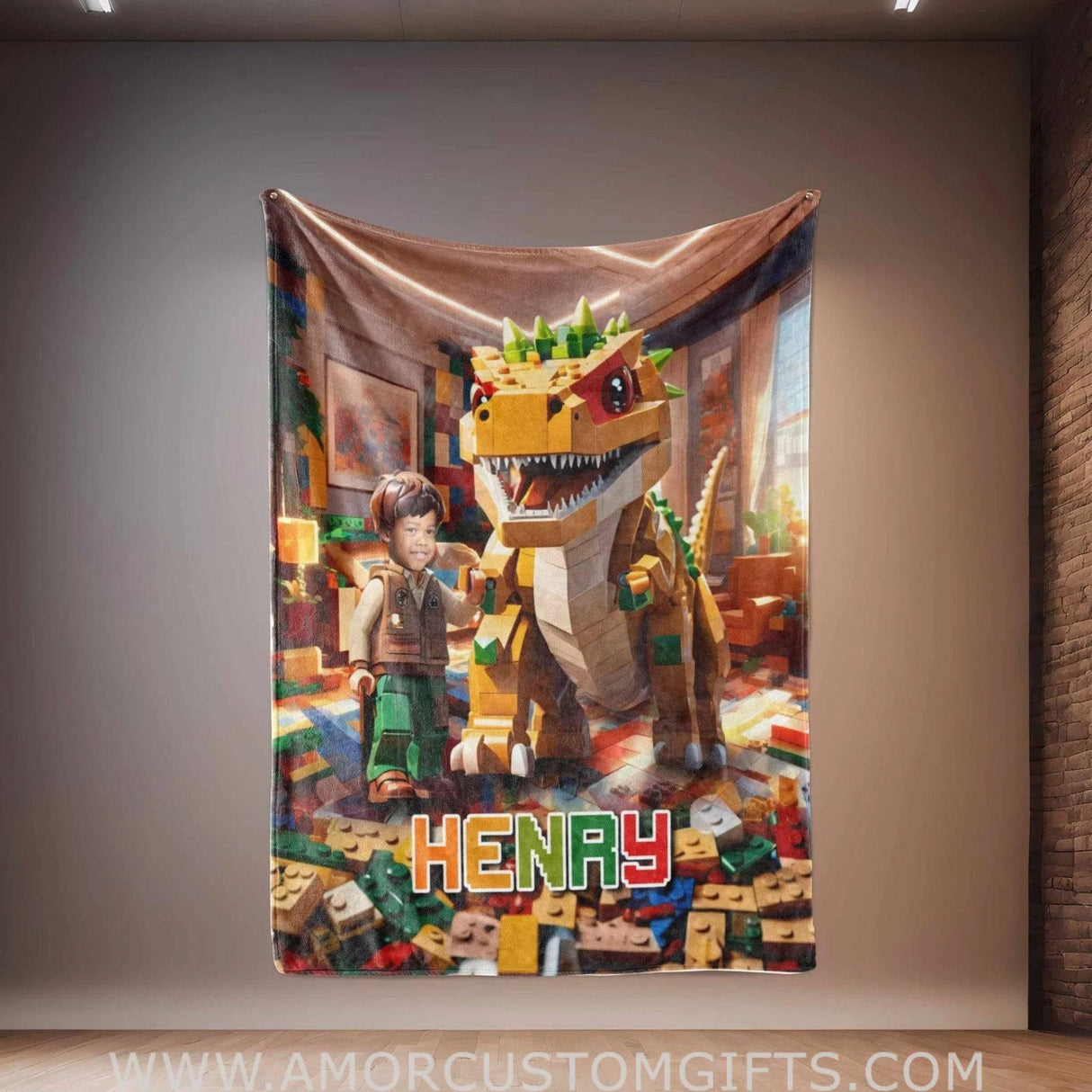 Personalized Interlocking Building Blocks Dino 4 Blanket | Custom Blanket For Boys