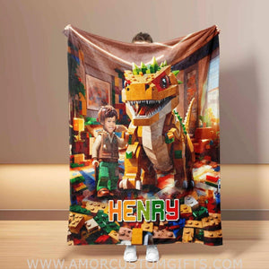 Personalized Interlocking Building Blocks Dino 4 Blanket | Custom Blanket For Boys