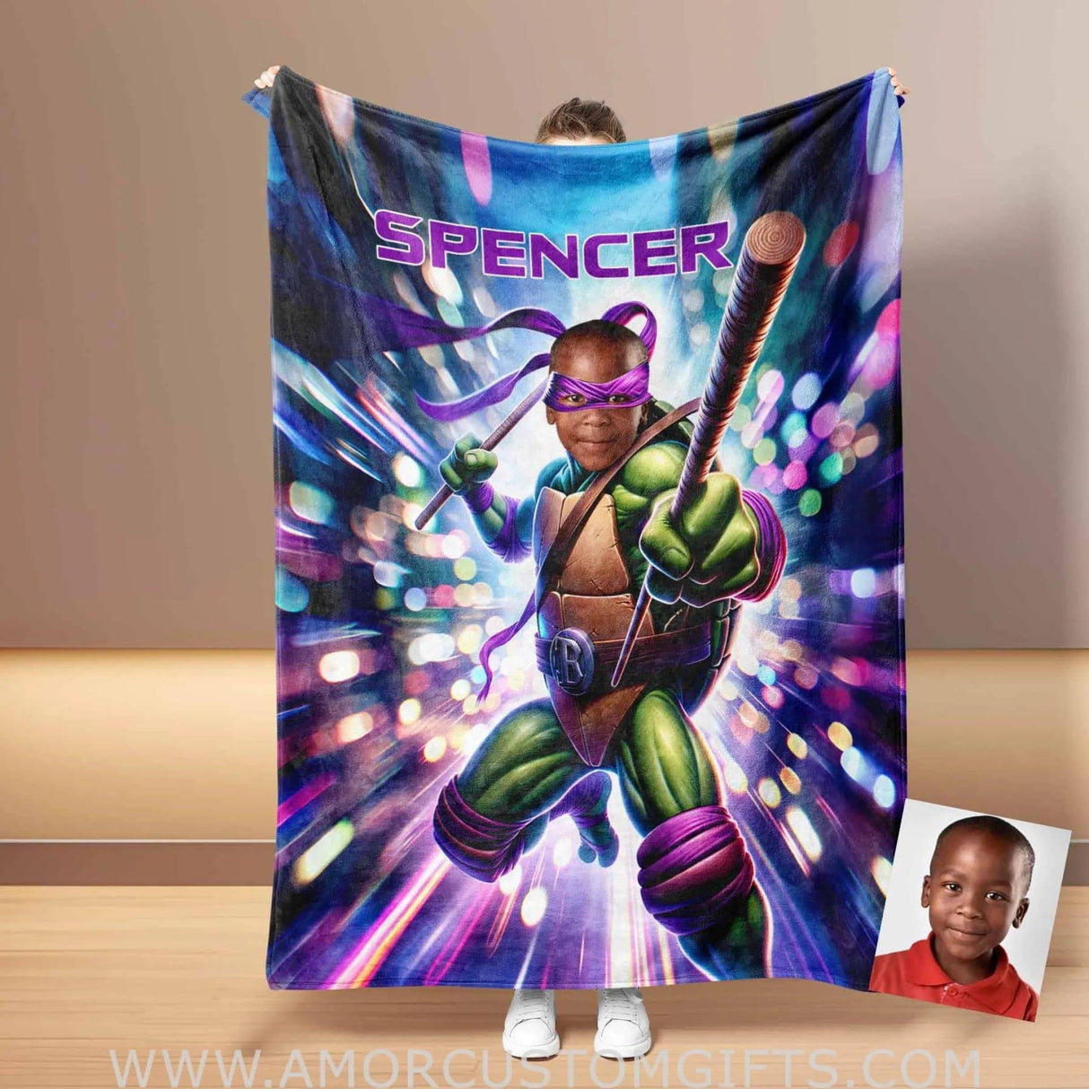 Personalized Ninja Boy 17 Photo Blanket | Custom Turtle Purple Bandana Blanket