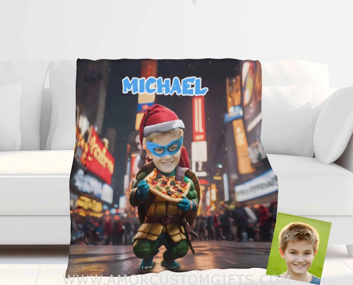 Personalized Ninja Boy 2 Xmas Pizza Blanket | Custom Blanket For Boys