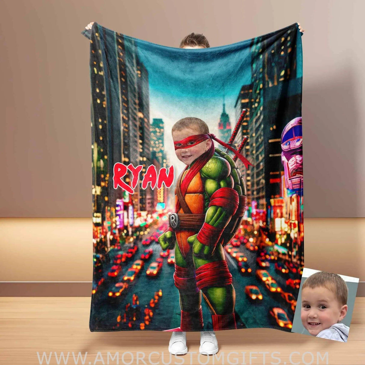 Personalized Ninja Boy Photo Blanket | Custom Turtle Blue Bandana Blanket