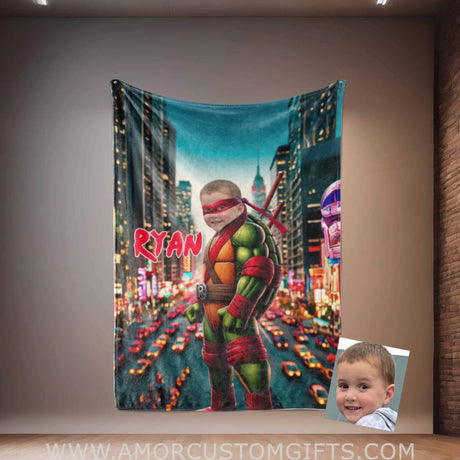 Personalized Ninja Boy Photo Blanket | Custom Turtle Blue Bandana Blanket