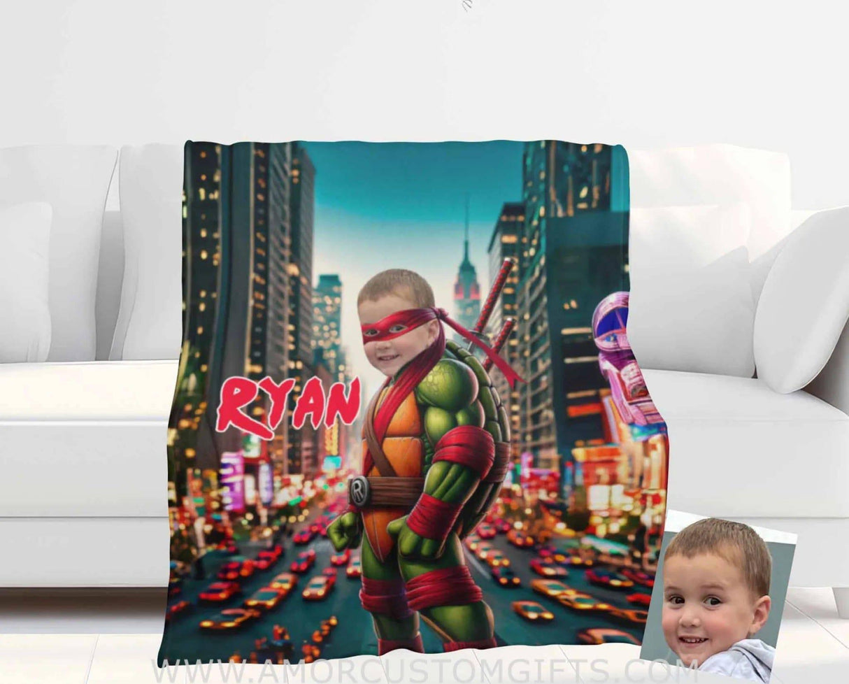 Personalized Ninja Boy Photo Blanket | Custom Turtle Blue Bandana Blanket