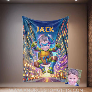 Personalized Ninja Boy Photo Blanket | Custom Turtle Blue Bandana Blanket