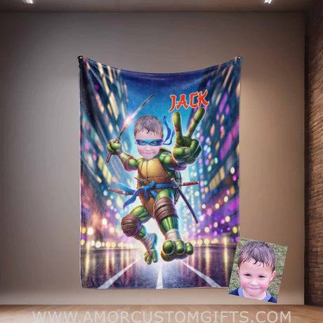 Personalized Ninja Boy Photo Blanket | Custom Turtle Blue Bandana Victory V Hand Gesture Blanket