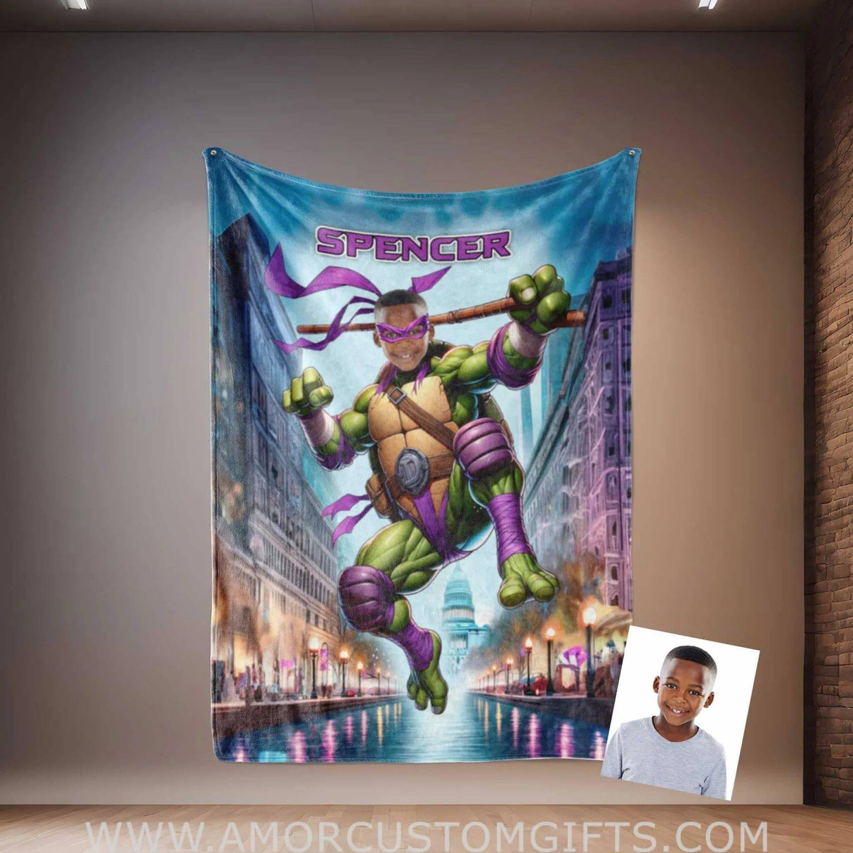 Personalized Ninja Boy Photo Blanket | Custom Turtle Purple Bandana Blanket