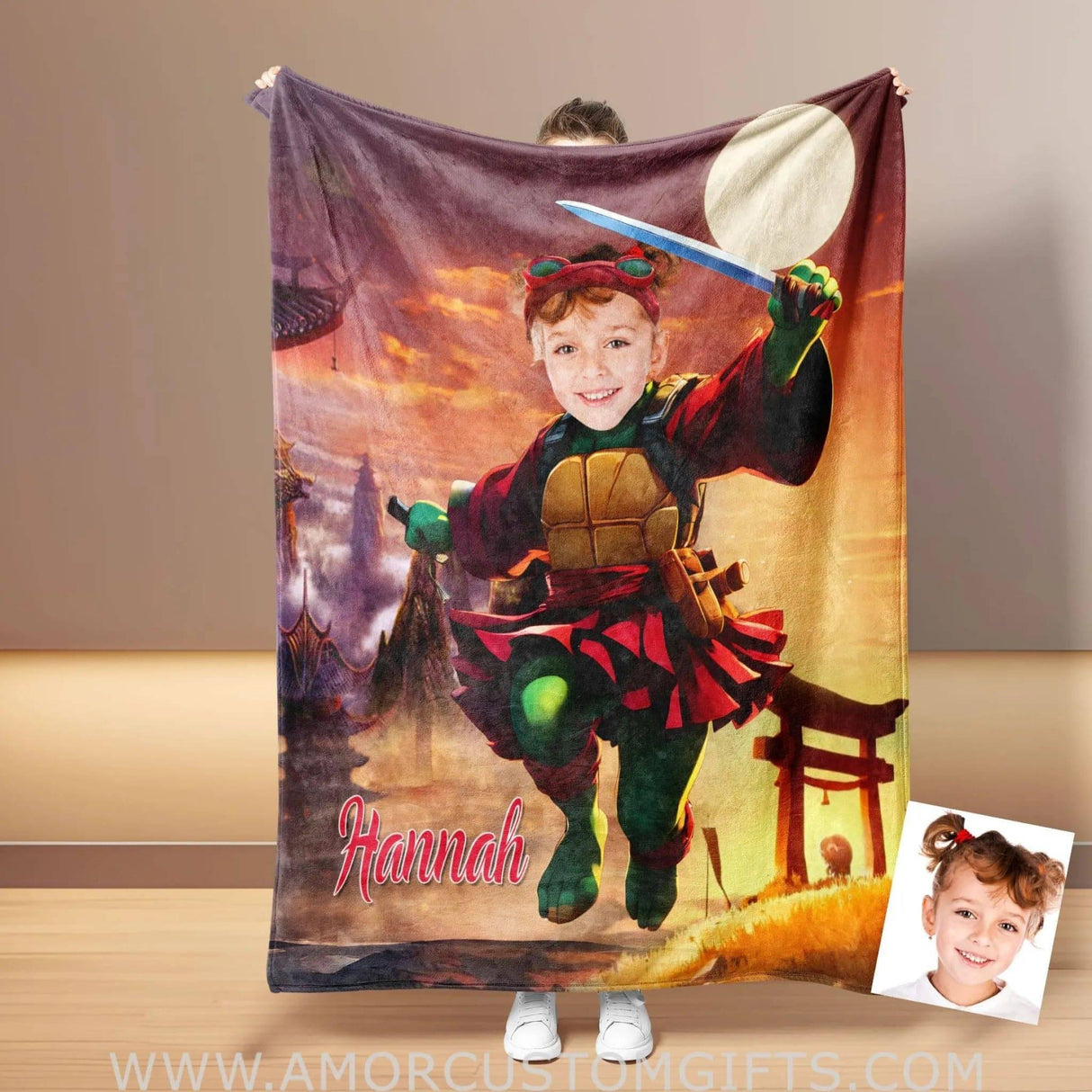 Personalized Ninja Girl Blanket | Customized Turtle Girl Photo Blanket