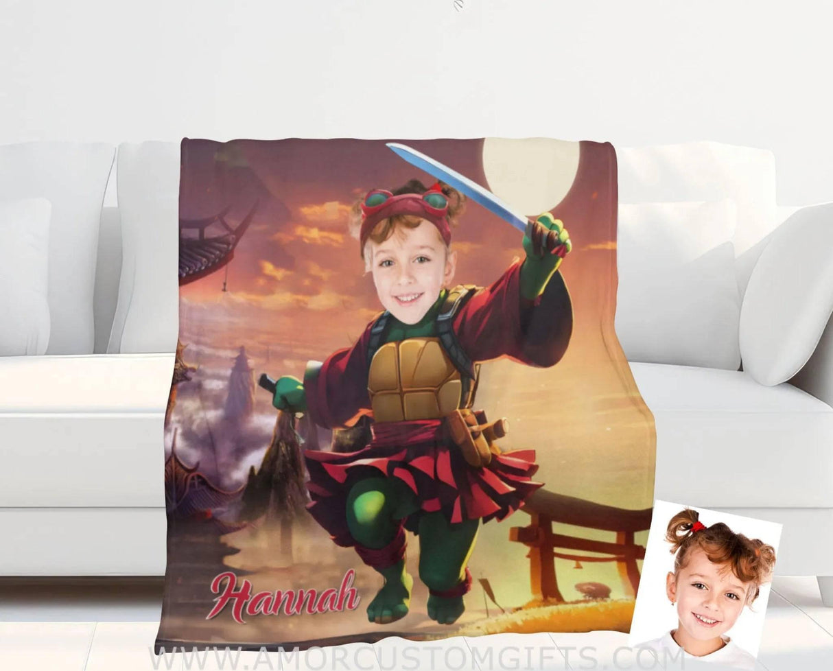 Personalized Ninja Girl Blanket | Customized Turtle Girl Photo Blanket