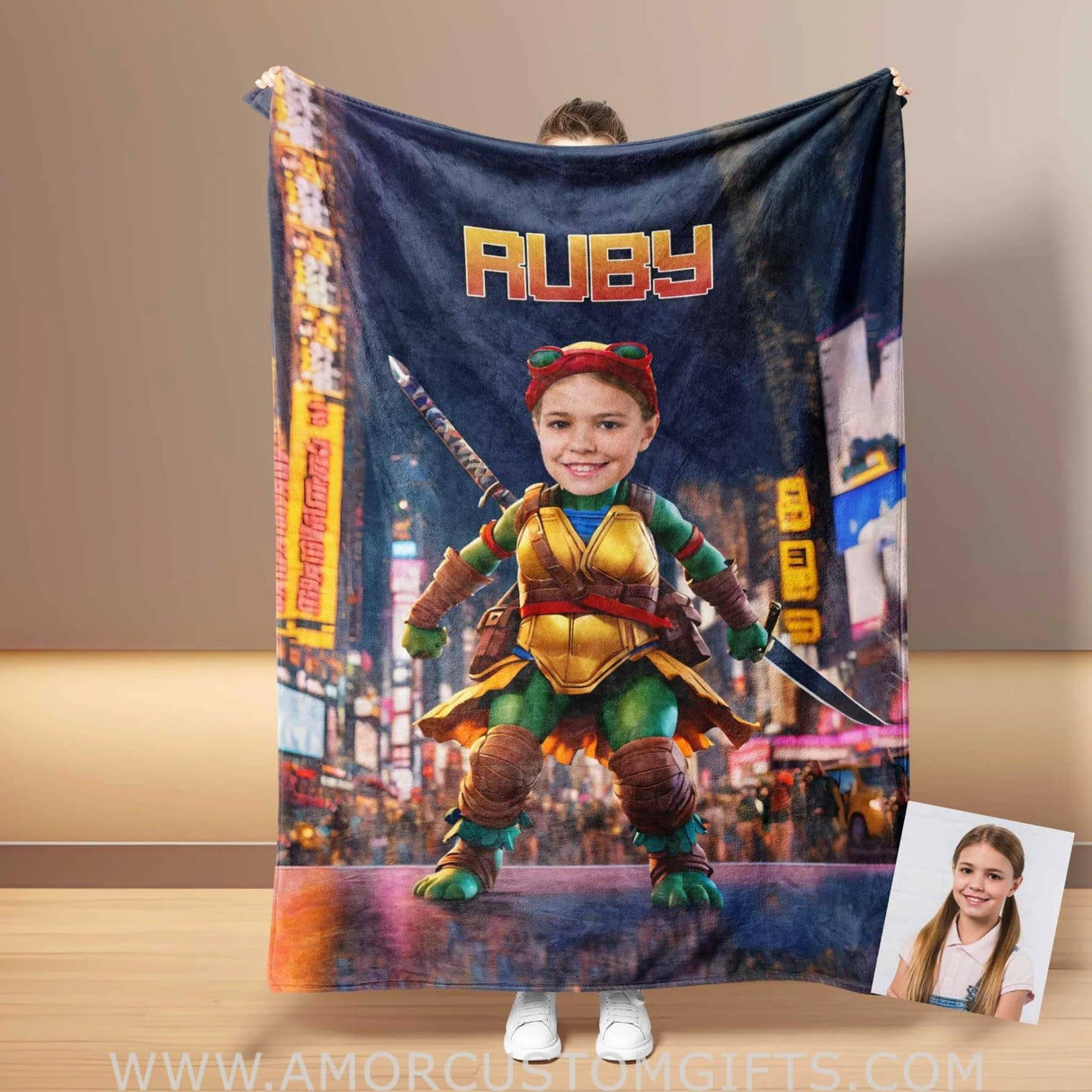 Personalized Ninja Girl Blanket | Customized Turtle Girl Photo Blanket