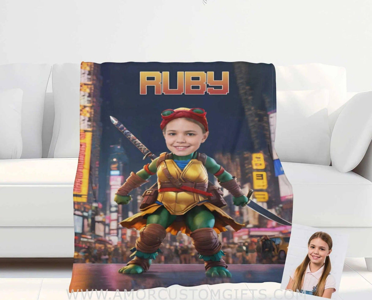 Personalized Ninja Girl Blanket | Customized Turtle Girl Photo Blanket