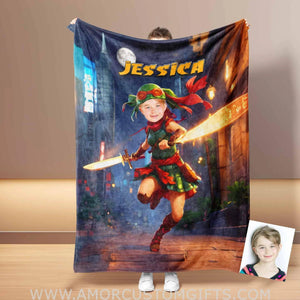 Personalized Ninja Girl Cosplay NY Time Square Blanket | Customized Turtle Girl Photo Blanket