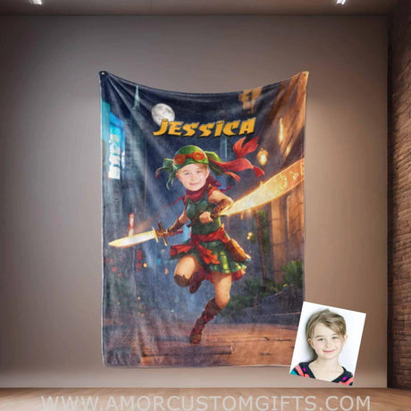 Personalized Ninja Girl Cosplay NY Time Square Blanket | Customized Turtle Girl Photo Blanket