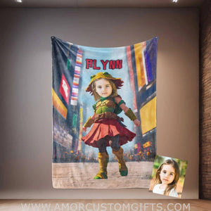 Personalized Ninja Girl Cosplay Turtle Hat NY Time Square Blanket | Customized Turtle Girl Photo Blanket