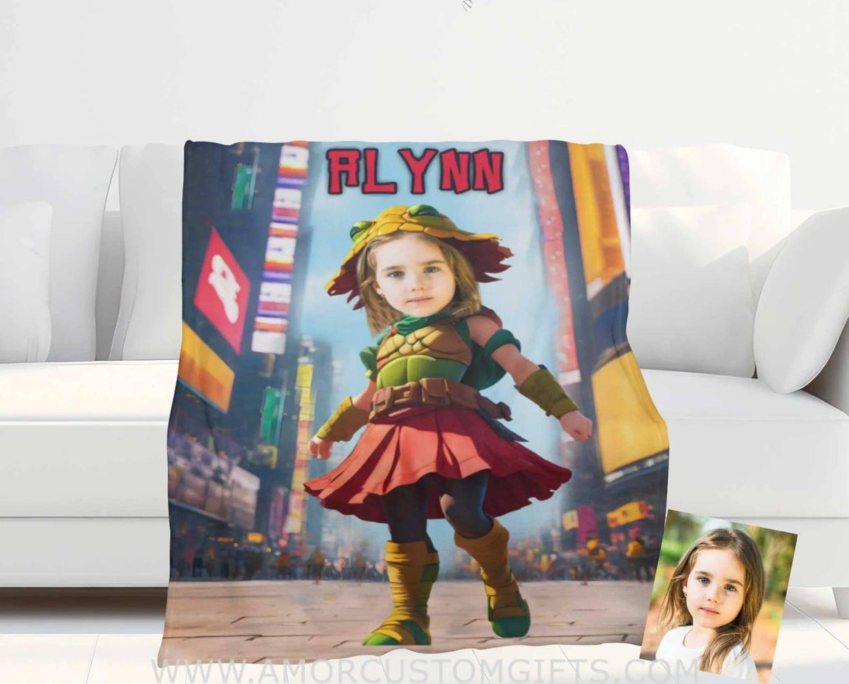 Personalized Ninja Girl Cosplay Turtle Hat NY Time Square Blanket | Customized Turtle Girl Photo Blanket