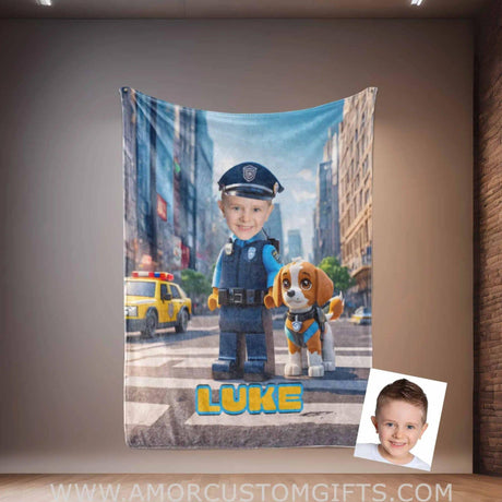 Personalized Police Boy & Rescue Dogs Hero Squad Photo Blanket #1 | Custom Interlocking Building Blocks Blanket For Boys