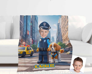 Personalized Police Boy & Rescue Dogs Hero Squad Photo Blanket #1 | Custom Interlocking Building Blocks Blanket For Boys