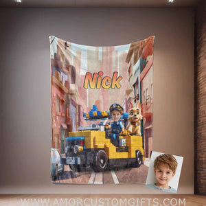 Personalized Police Boy & Rescue Dogs Hero Squad Photo Blanket #2 | Custom Interlocking Building Blocks Blanket For Boys