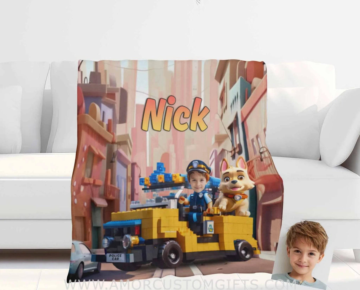 Personalized Police Boy & Rescue Dogs Hero Squad Photo Blanket #2 | Custom Interlocking Building Blocks Blanket For Boys