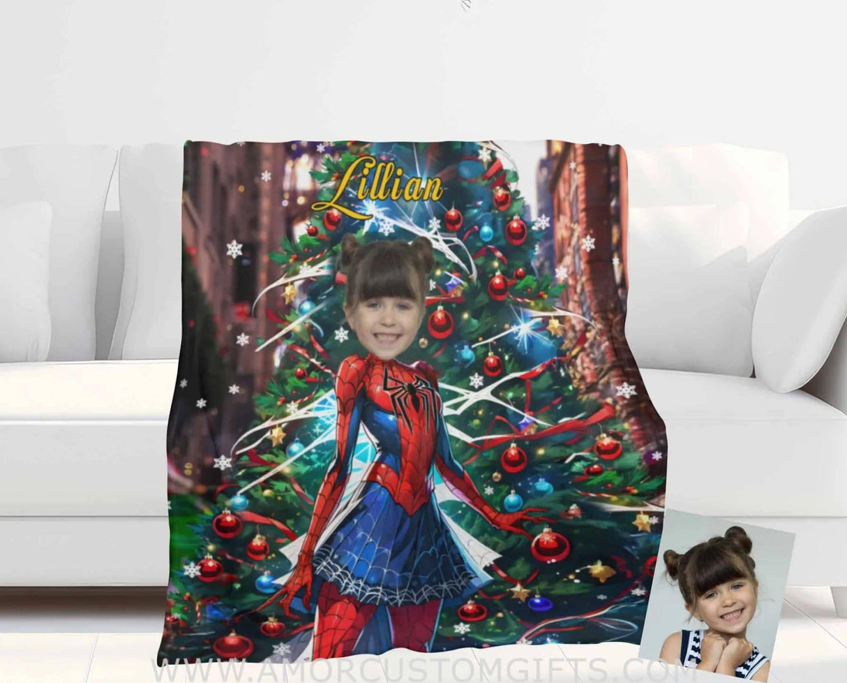 Personalized Spider Girl Xmas 2 Photo Blanket | Custom Superhero Girl Blanket