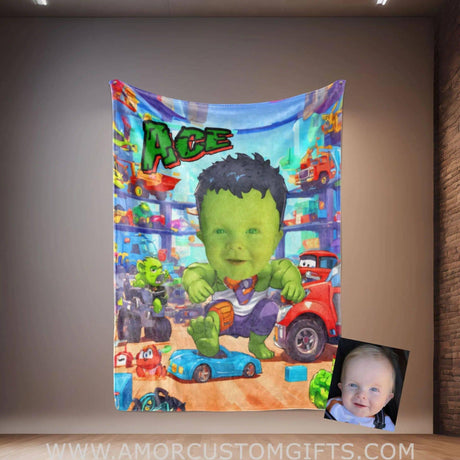 Personalized Superhero Baby Green Green Monster Hero Boy Blanket | Custom Blanket For Boys