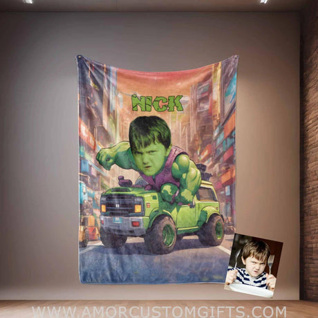 Personalized Superhero Baby Green Green Monster Hero Boy With Car Blanket | Custom Blanket For Boys