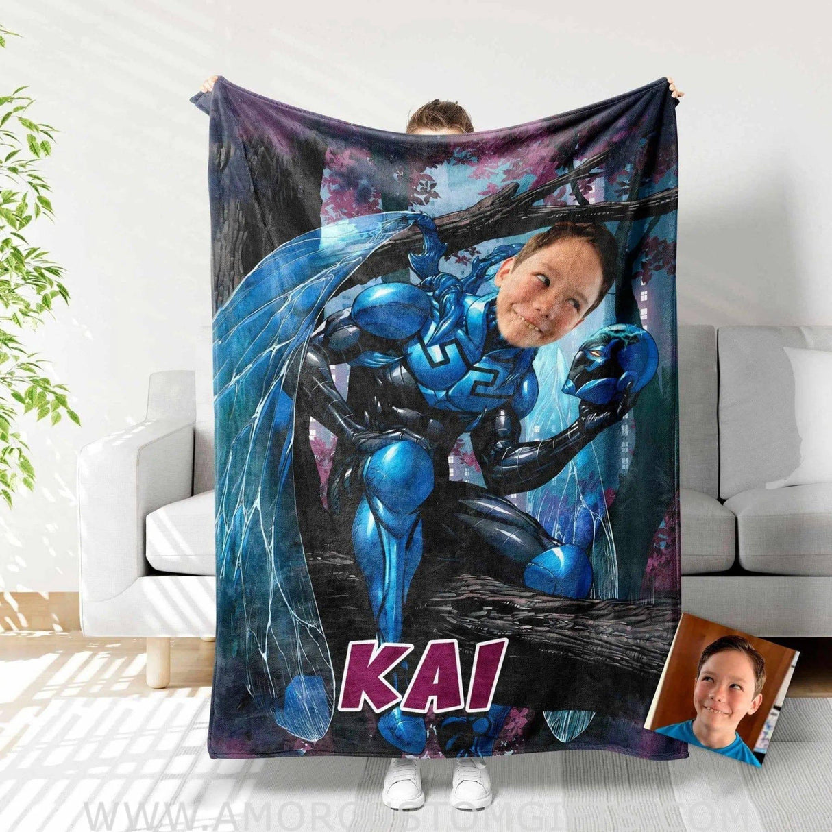 Personalized Superhero Blue Beetle Blanket | Custom Superhero Boy Blanket