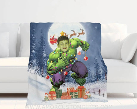 Personalized Superhero Christmas Tree Green Monster Hero Blanket | Custom Superhero Boy Blanket