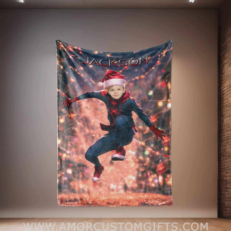 Personalized Superhero Spider Boy Xmas 3 Blanket | Custom Superhero Boy Blanket