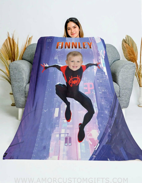 Personalized Superhero Spider Spin Miles In Violet City Blanket | Custom Superhero Boy Blanket