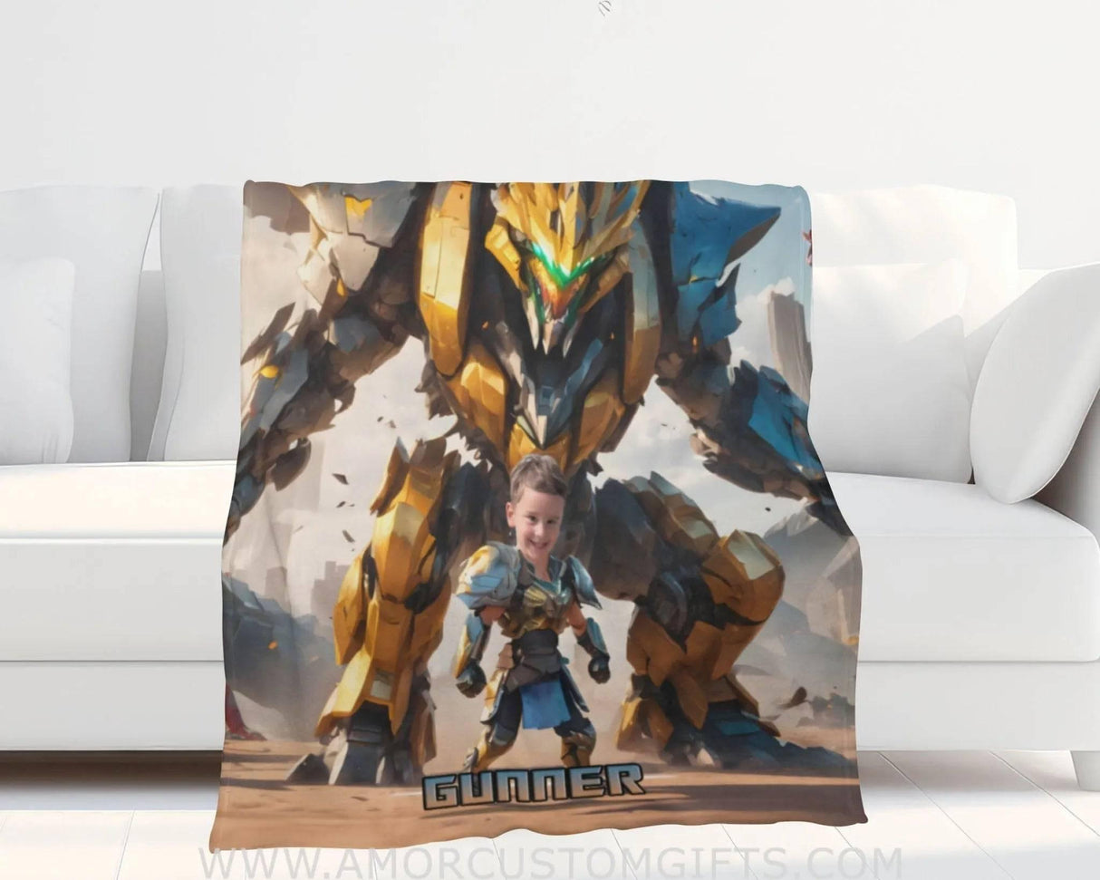 Personalized Superhero Transform Autobot Dino Robot Blanket | Custom Superhero Boy Blanket