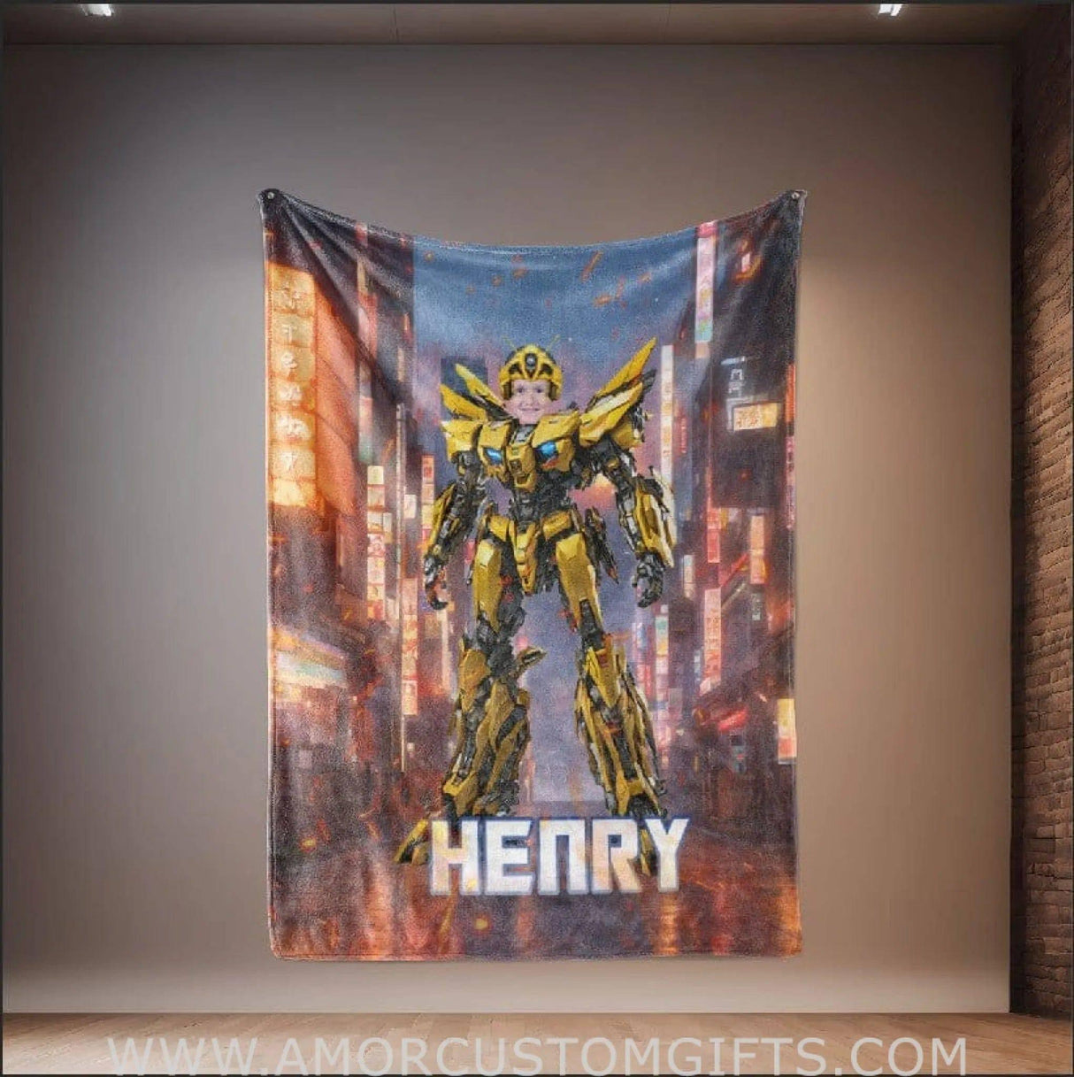 Personalized Superhero Yellow Robot Blanket | Custom Superhero Boy Blanket