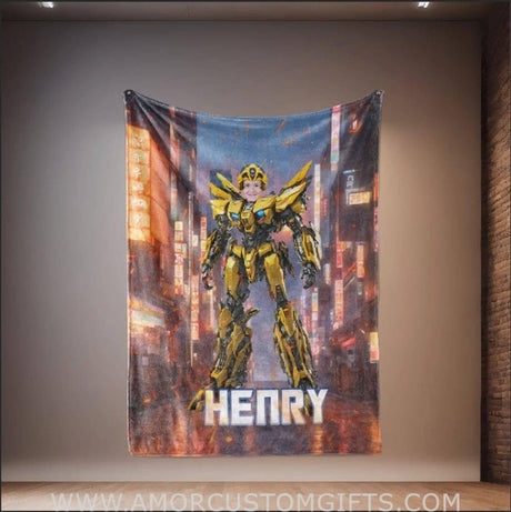 Personalized Superhero Yellow Robot Blanket | Custom Superhero Boy Blanket