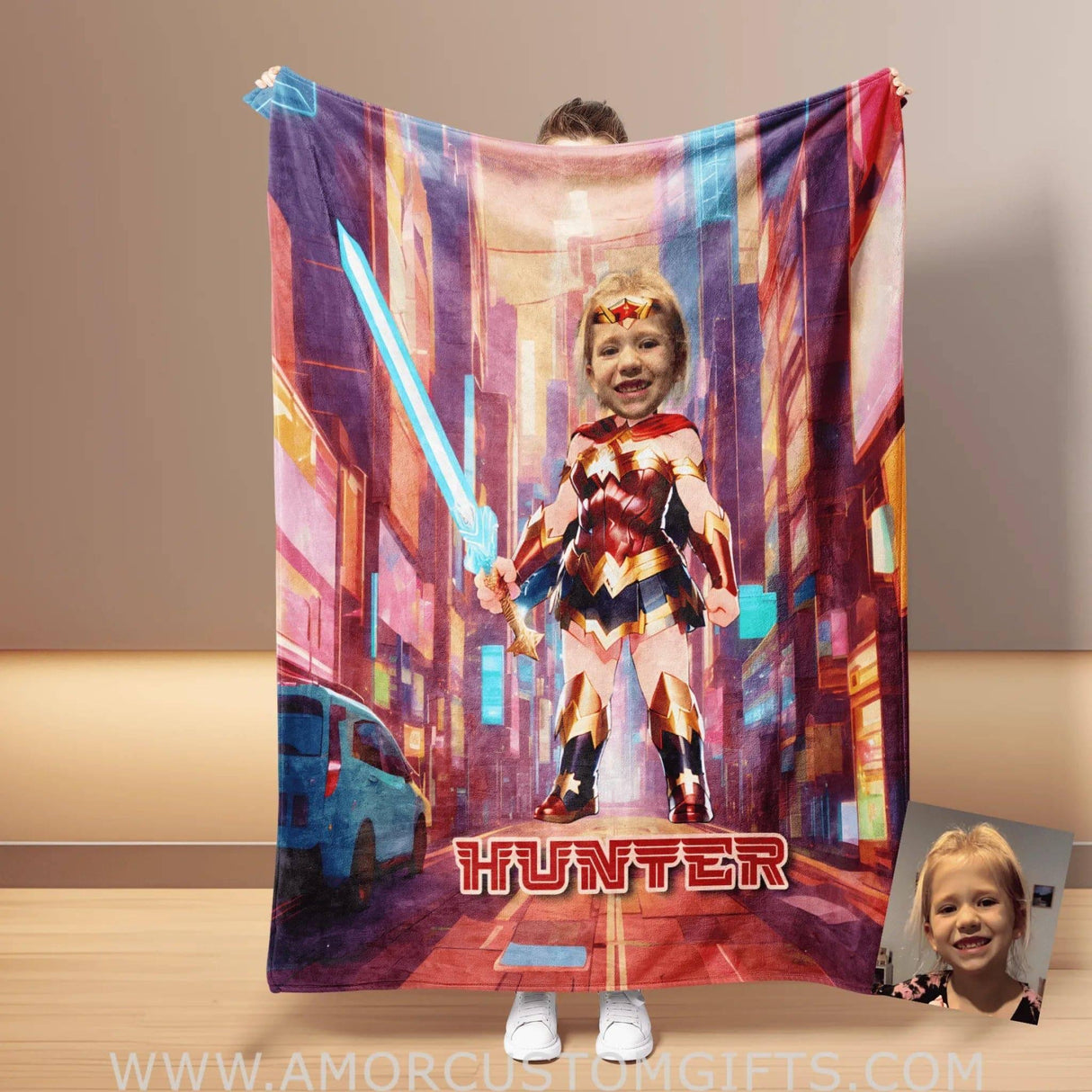 Personalized Wonder Girl 4 Photo Blanket | Custom Superhero Girl Blanket