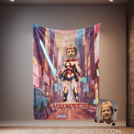 Personalized Wonder Girl 4 Photo Blanket | Custom Superhero Girl Blanket