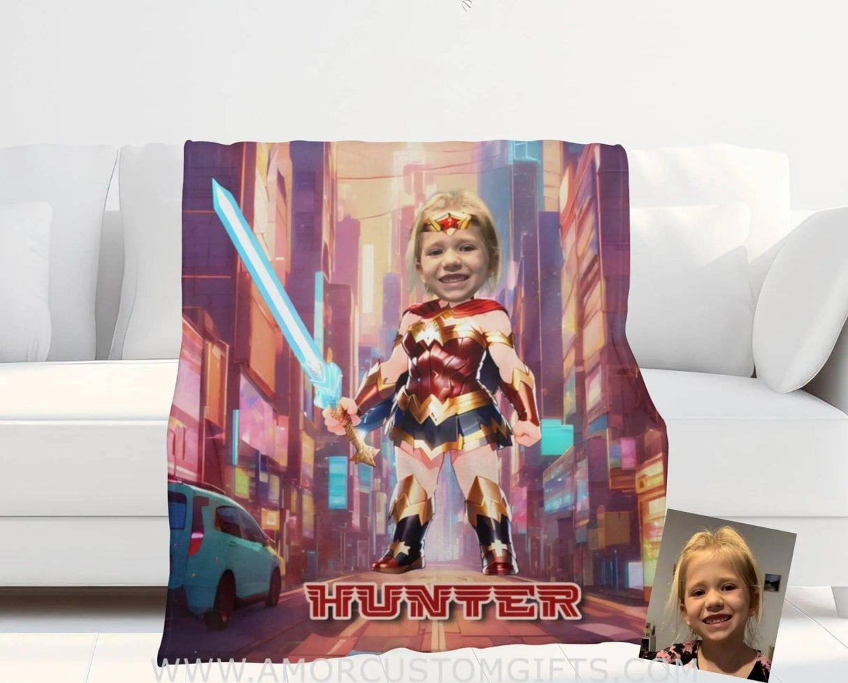 Personalized Wonder Girl 4 Photo Blanket | Custom Superhero Girl Blanket