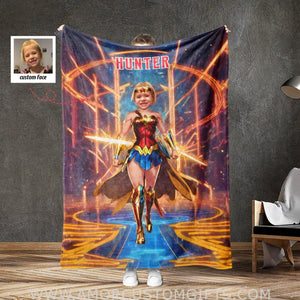 Personalized Wonder Girl Superhero Photo Blanket | Customized Superhero Wonder Girl Blanket