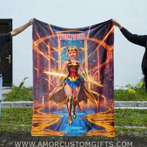 Personalized Wonder Girl Superhero Photo Blanket | Customized Superhero Wonder Girl Blanket