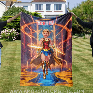 Personalized Wonder Girl Superhero Photo Blanket | Customized Superhero Wonder Girl Blanket