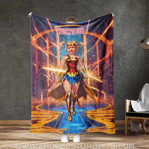 Personalized Wonder Girl Superhero Photo Blanket | Customized Superhero Wonder Girl Blanket