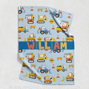 USA MADE Personalized Construction Name Blanket, Construction Truck Personalized Blanket, Custom Construction Baby Blanket